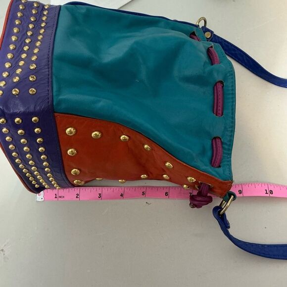 Colorblocked Studded Multi-Colored Leather Drawstring Bucket Bag - Picture 10 of 10